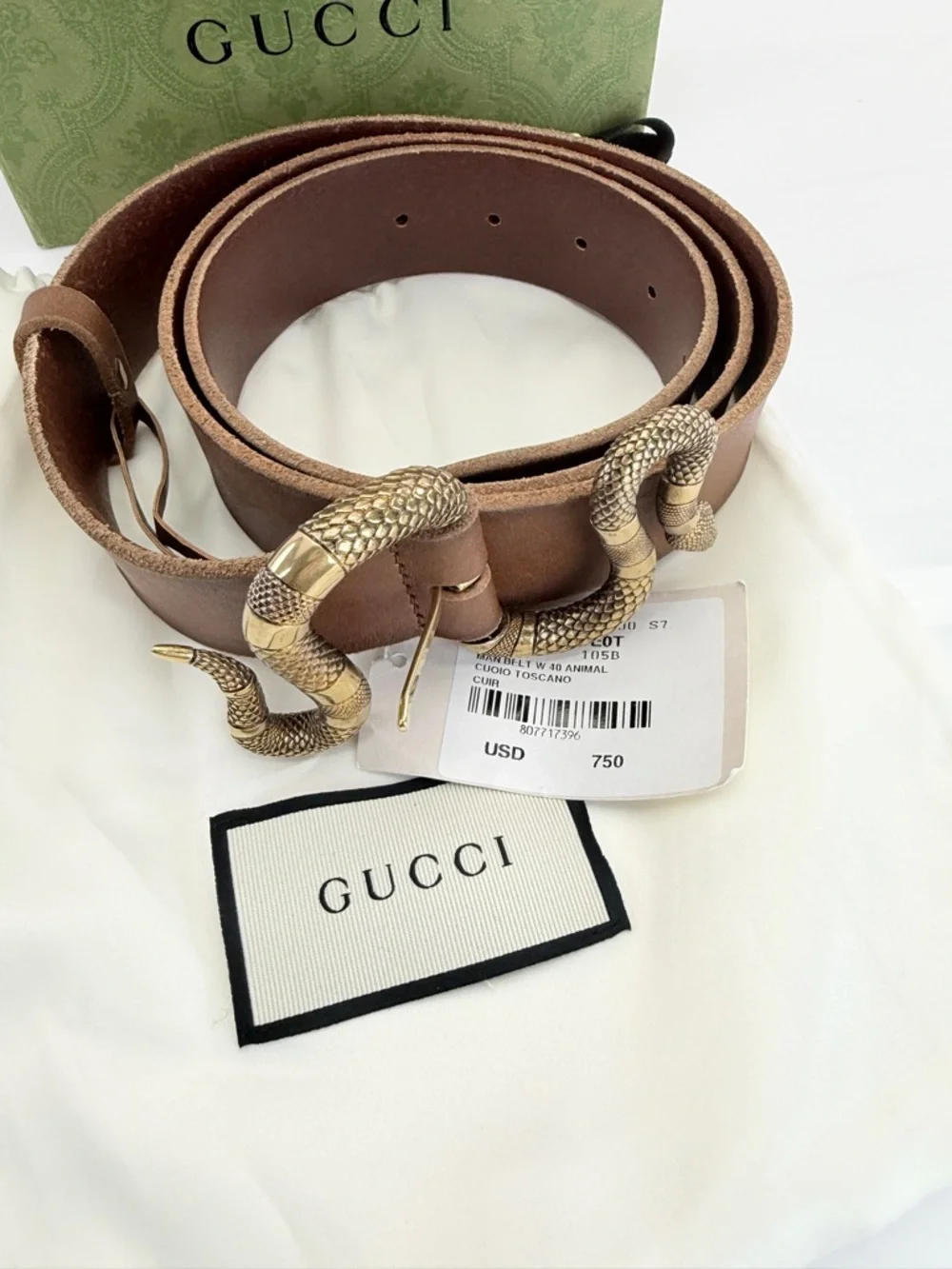 Gucci Rare Brown Leather Belt with Gold Snake Buckle 453935 105/42